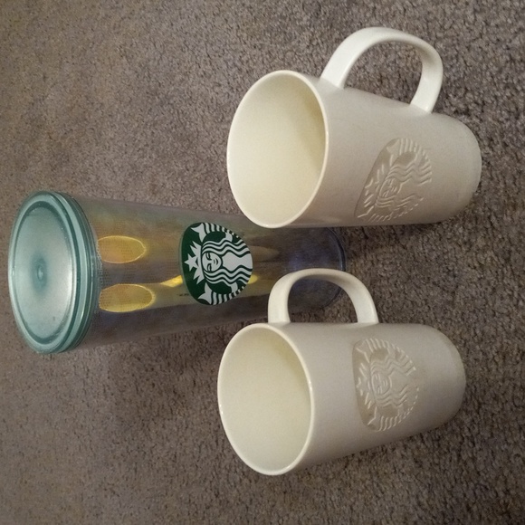 Starbucks iridescent tumbler and 2 white matching mugs, preloved, no straw - Picture 2 of 9